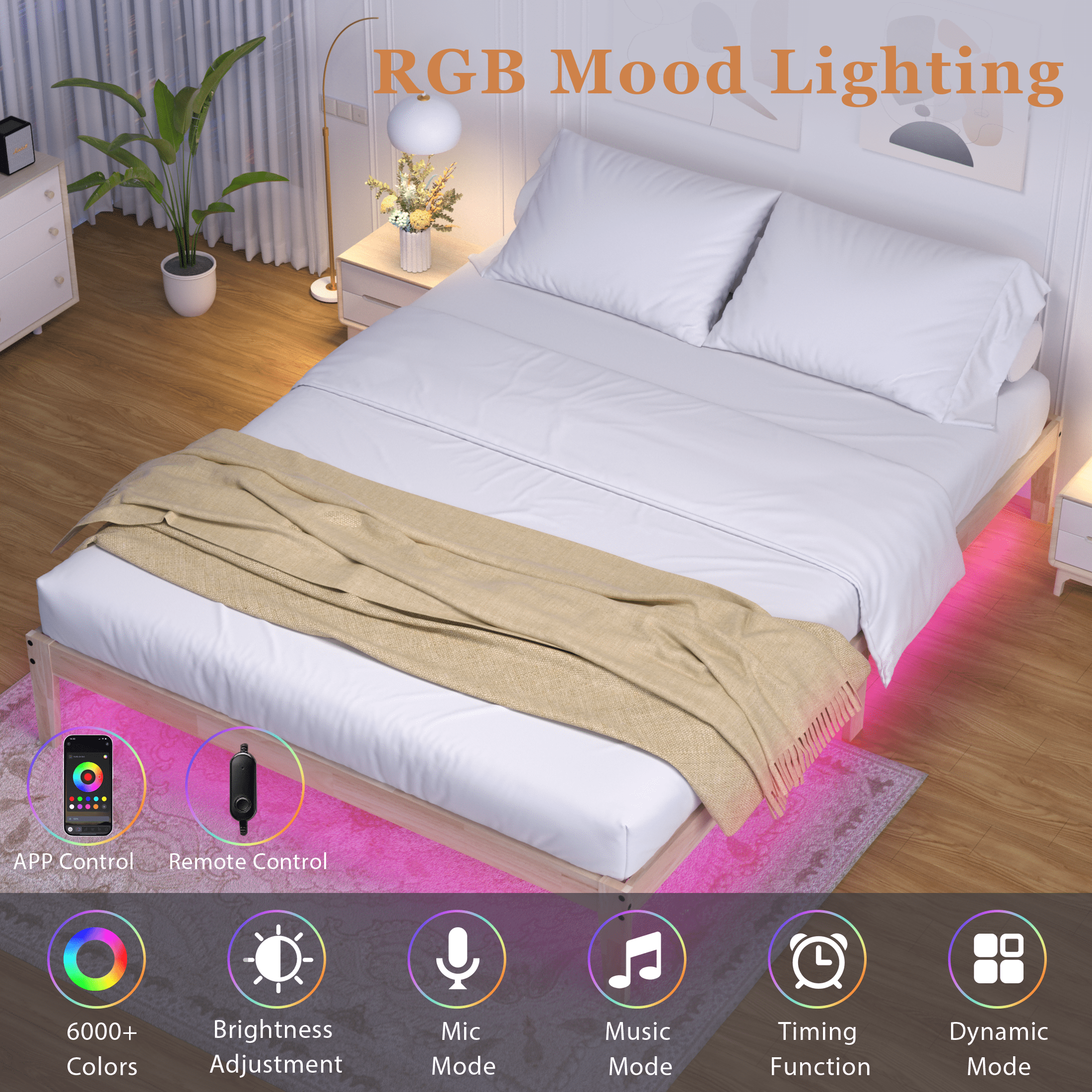 Queen Wood Bed Frame, Wood Platform Bed Frames with LED Lights, 8.7" Under-Bed Storage, Noise-Free, Easy Assembly, 12"