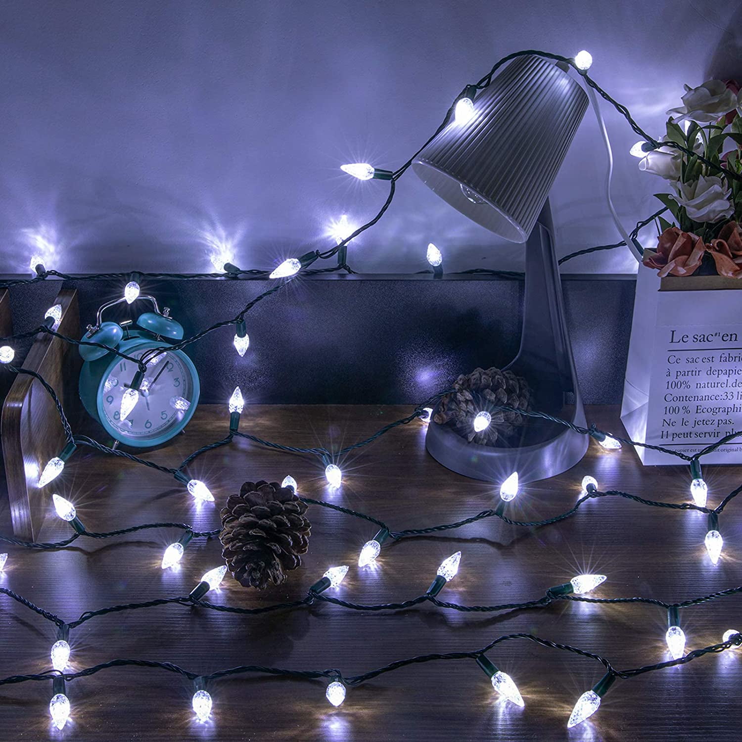 Bibana 100LED 33 FT C6 Christmas String Lights Plug in Fairy Twinkle String Lights 8 Modes Timer Function Waterproof Extendable for Indoor Outdoor Wedding Party Christmas Decoration (100, White)