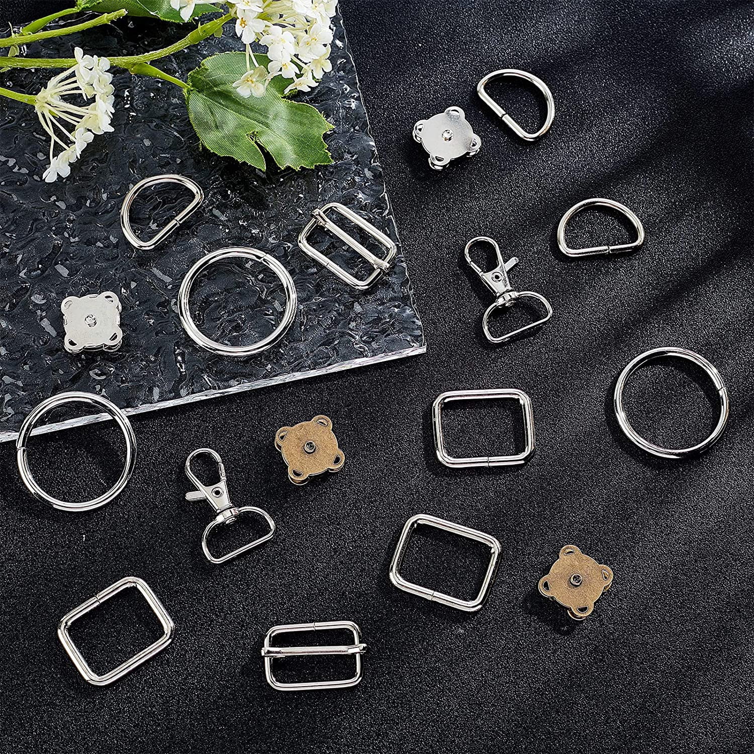 70pcs 6 styles Metal bag Clasp Kit Including 10pcs Lobster Claw Clasps 10pcs Rectangle Ring 10pcs D Rings 10pcs O Rings 10pcs Slider Buckle 20pcs Snap Clasps for DIY bag Making