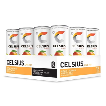 CELSIUS Peach Mango Green Tea Non-Carbonated Fitness Drink, Zero Sugar, 12oz. Slim Can