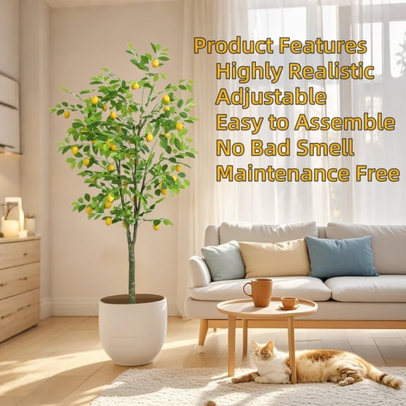 Realistic Artificial Lemon Tree 6FT - Faux Citrus Plant in White Planter - 20 Lifelike Fruits & Triple-Branch Design - Low Maintenance Indoor Decor for Home, Office - Single-Trunk, 180CM Height