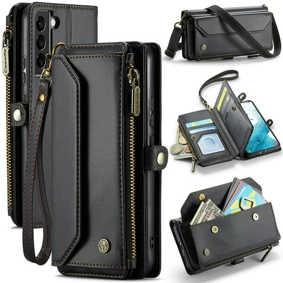 Crossbody for Samsung Galaxy S22 Case Wallet【RFID Blocking】with 7-Card Holder Zipper Bills Slot, Soft PU Leather Magnetic Shoulder Wrist Strap for Galaxy S22 Wallet Case Women