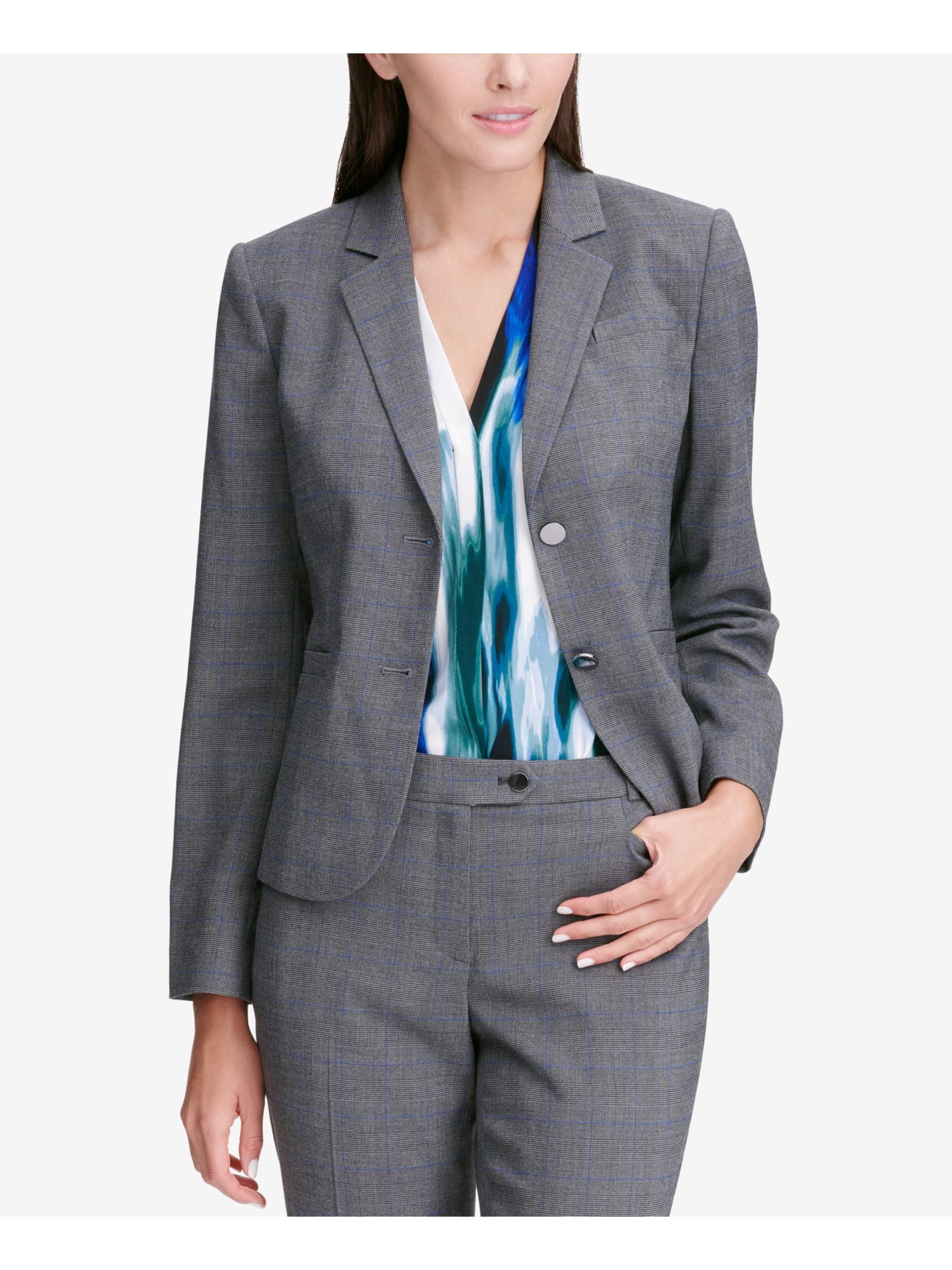 CALVIN KLEIN Womens Gray Plaid Jacket Petites 4P CALVIN KLEIN Womens Gray Plaid Jacket Petites 4P