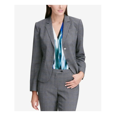 CALVIN KLEIN Womens Gray Plaid Jacket Petites 14P