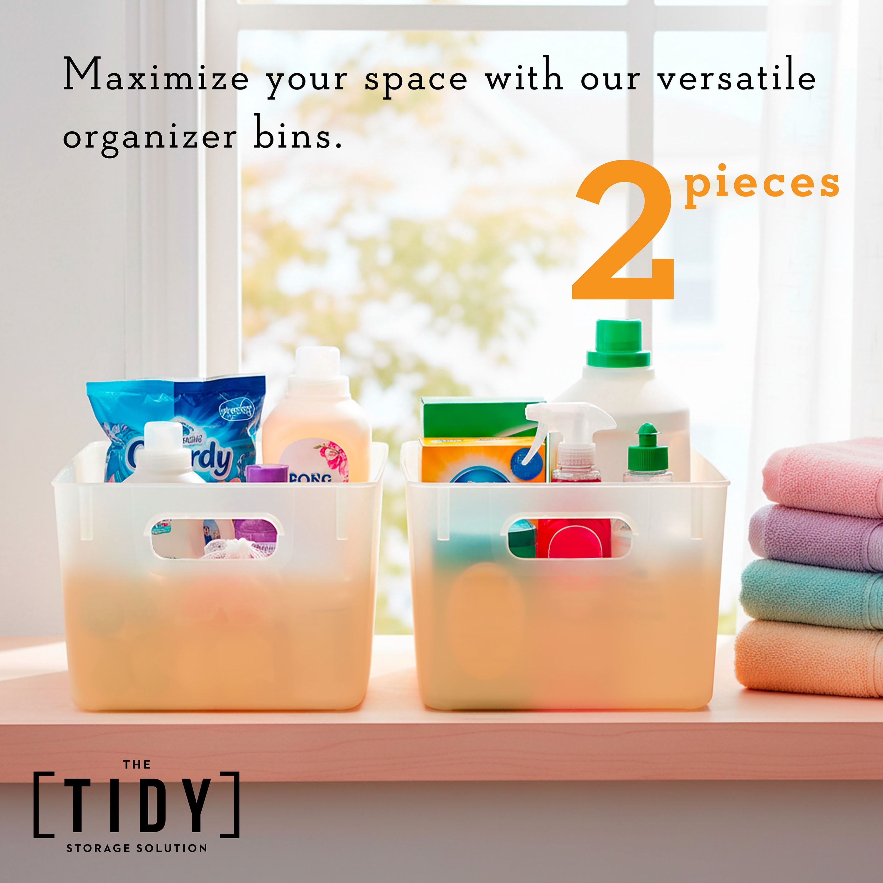 Tidy Matte Closet Storage Bins with Handles, Stackable, 2-Pack, Peach