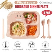 CNKOO Unbreakable Divided Portion Plate - Lightweight Wheat Straw Fiber, Microwave & Dishwasher Safe,Plate, Fork, Spoon, Chopsticks 4 piece set for Kids Adults (Dinosaur)