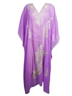 Mogul Womens Lavender Embellished Caftan Kimono Georgette Sheer Bikini Beach Cover Up Kaftan Dress