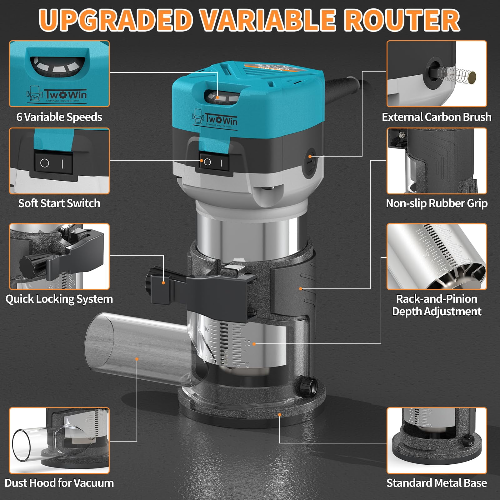 Router Tool, 6.5 Amp 1.25 HP Hand held Wood Router Tool, Compact Palm Trim Router for Woodworking, 6 Variable Speeds Fixed Base Laminate Router Woodworking Tool with Dust Hood 15PCS Router Bits