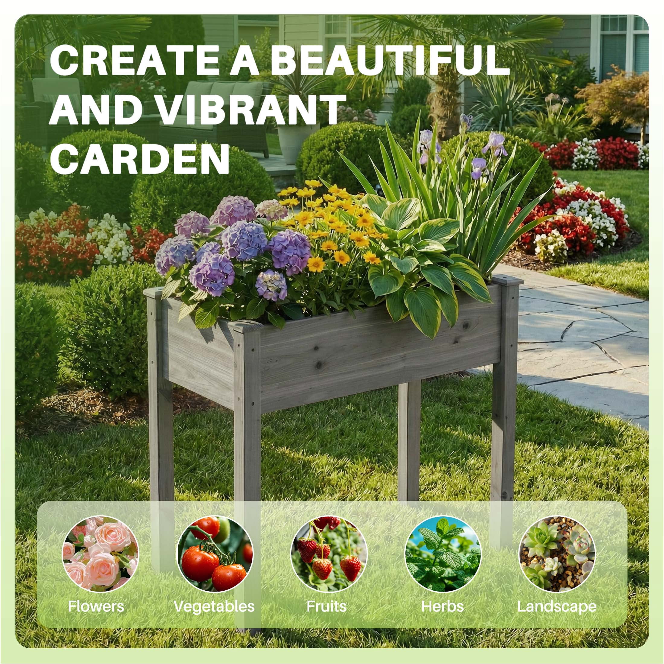 CONCETTA Wooden Raised Garden Bed - Elevated Planter Box with Drainage & Liner, 34" x 18" x 30" for Backyard/Patio/Balcony (Gray)