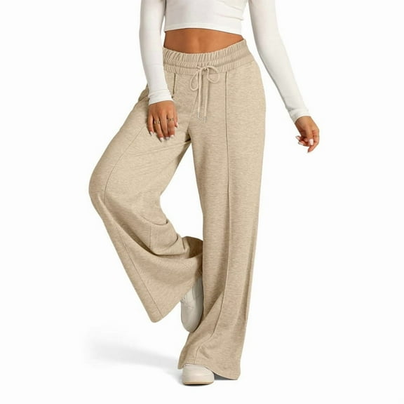 Wide Leg Sweatpants Female Baggy Drawstring Elastic High Waisted Palazzo Lounge Pants Khaki S