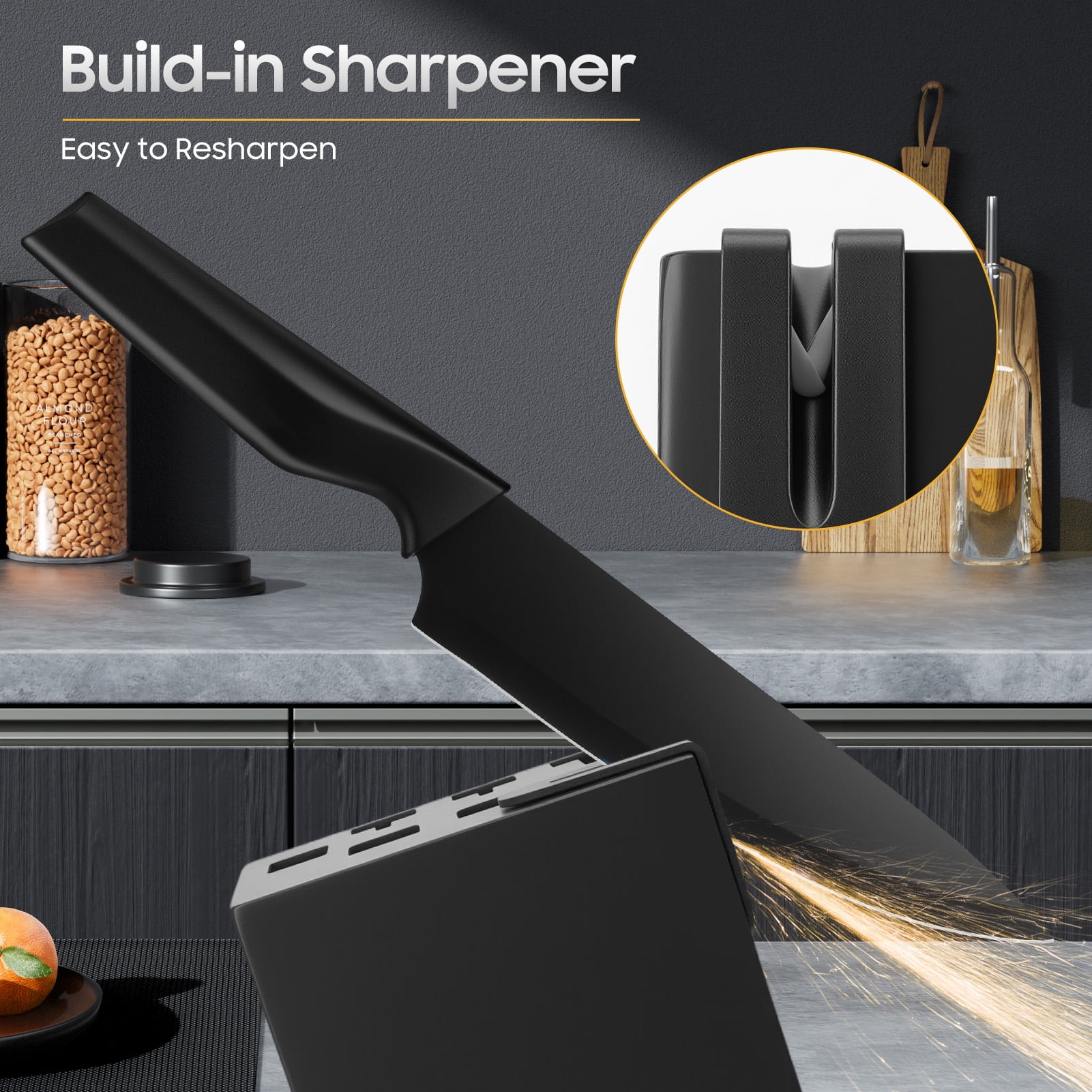 Tebru Kitchen Knife Set, 14 Pcs Knives Block Set with Built-in Sharpener, Healthy Anti-Rust Coating & Stainless Steel Knife Set, Dishwasher Safe Black