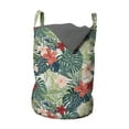 thumbnail image 1 of Leaf Laundry Bag, Summer Beach Holiday Themed Hibiscus Plumeria Crepe Ginger Flowers, Hamper Basket with Handles Drawstring Closure for Laundromats, 13" x 19", Dark Green Green, by Ambesonne, 1 of 4