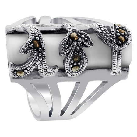 Dot Mother Of Pearl Ring - Gem Avenue 925 Sterling Silver Mother of Pearl Inlay with Marcasite Ring