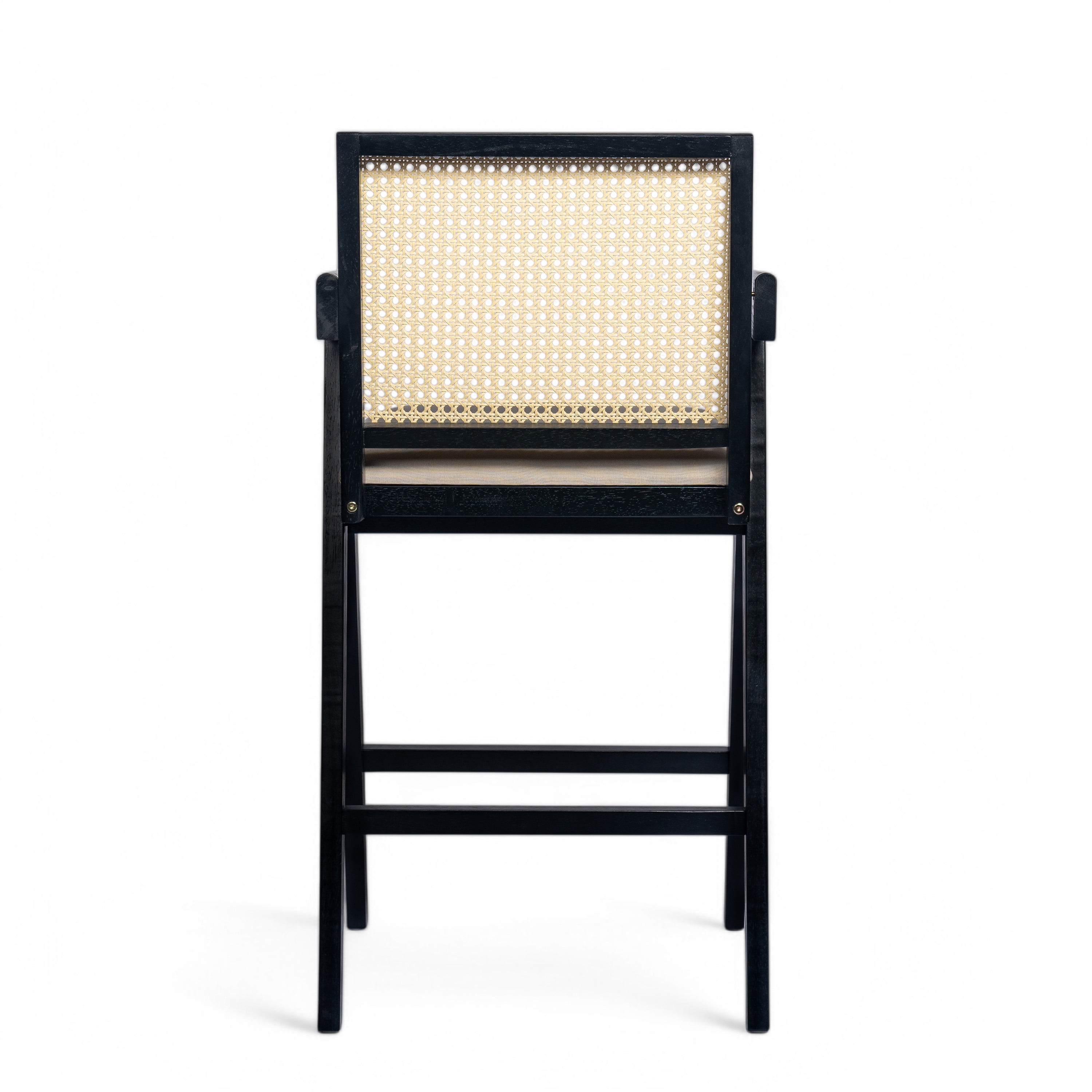 Bar Stool Set of 2 with Woven Cane Plastic Backrest and Foam-Padded Fabric Seat, 27-Inch Rubberwood Frame for Kitchen Island and Home Bar, Cream Grey and Natural