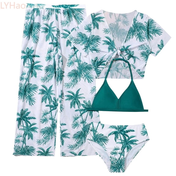 LYHao Girl's 4 Piece Swimsuits Tropical Print Halter Bikini Set Bathing Suits With Mesh Pants,4 Piece Bathing Suit Set 9-10 Years Green