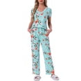 thumbnail image 1 of Pijamas para mujeres INSPIRE CHIC, camiseta de cuello en V de manga corta con pantalones de tiro ajustable, conjuntos de lounge impresos con bolsillos M azul floral, 1 of 5