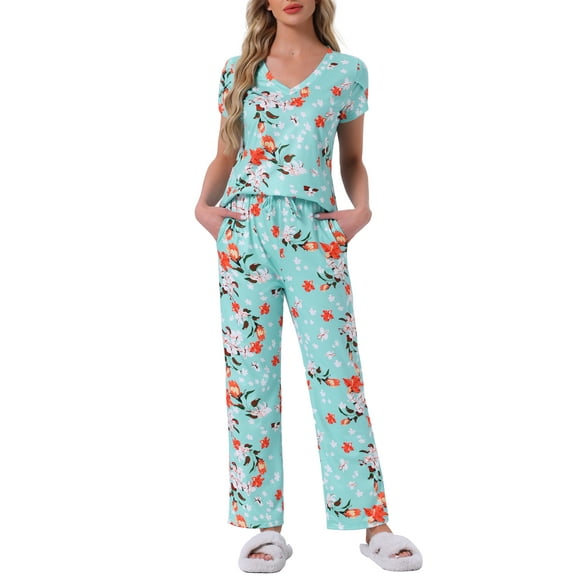 INSPIRE CHIC Womens Pajamas V Neck Short Sleeve Top with Drawstring Pants Sleepwear Printed Lounge Sets with Pockets S Blue Floral