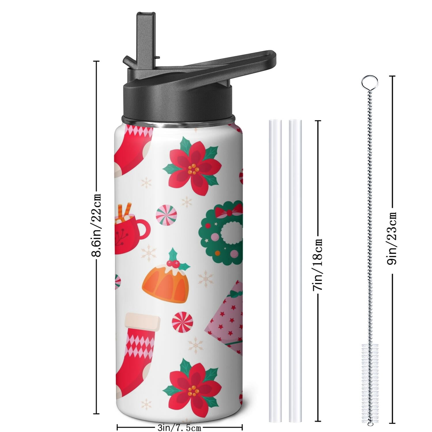 Christmas 18 oz Insulated Stainless Steel Water Bottle with Straw & Cleaning Brush , Leakproof, BPA-Free, 304 Stainless Steel, Wide Mouth, Travel Mug for Car, Gym, Office
