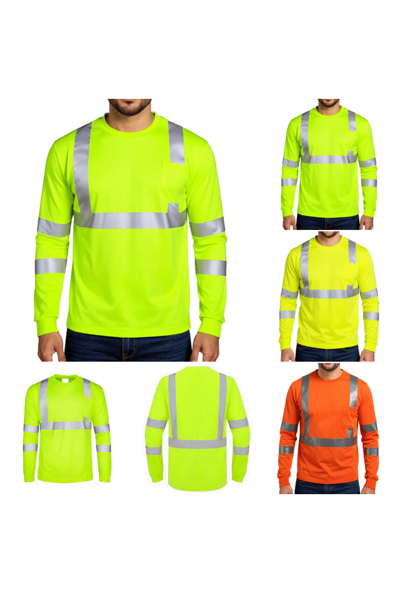 Mens High Visibility Safety Work Shirt, Long Sleeve Reflective T-Shirt with Chest Pocket for Construction, Traffic and Warehouse Jobs Fluorescent Green 2XL