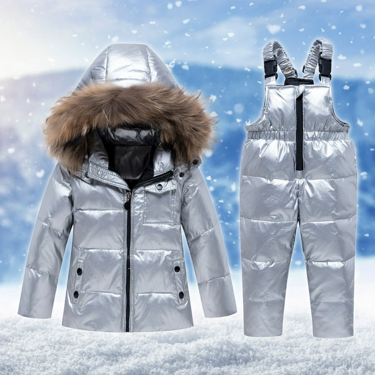 AherBiu Baby Girls Boys Winter Outfits Hooded Plush Trim Zipper Snowsuit  Puffer down Coats with Snow Ski Bib Pants 