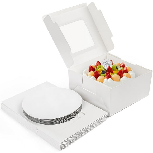 LotFancy 15 Pack Cake Boxes, 10x10x5 in Disposable Paper Cake Carrier with Round Board, White