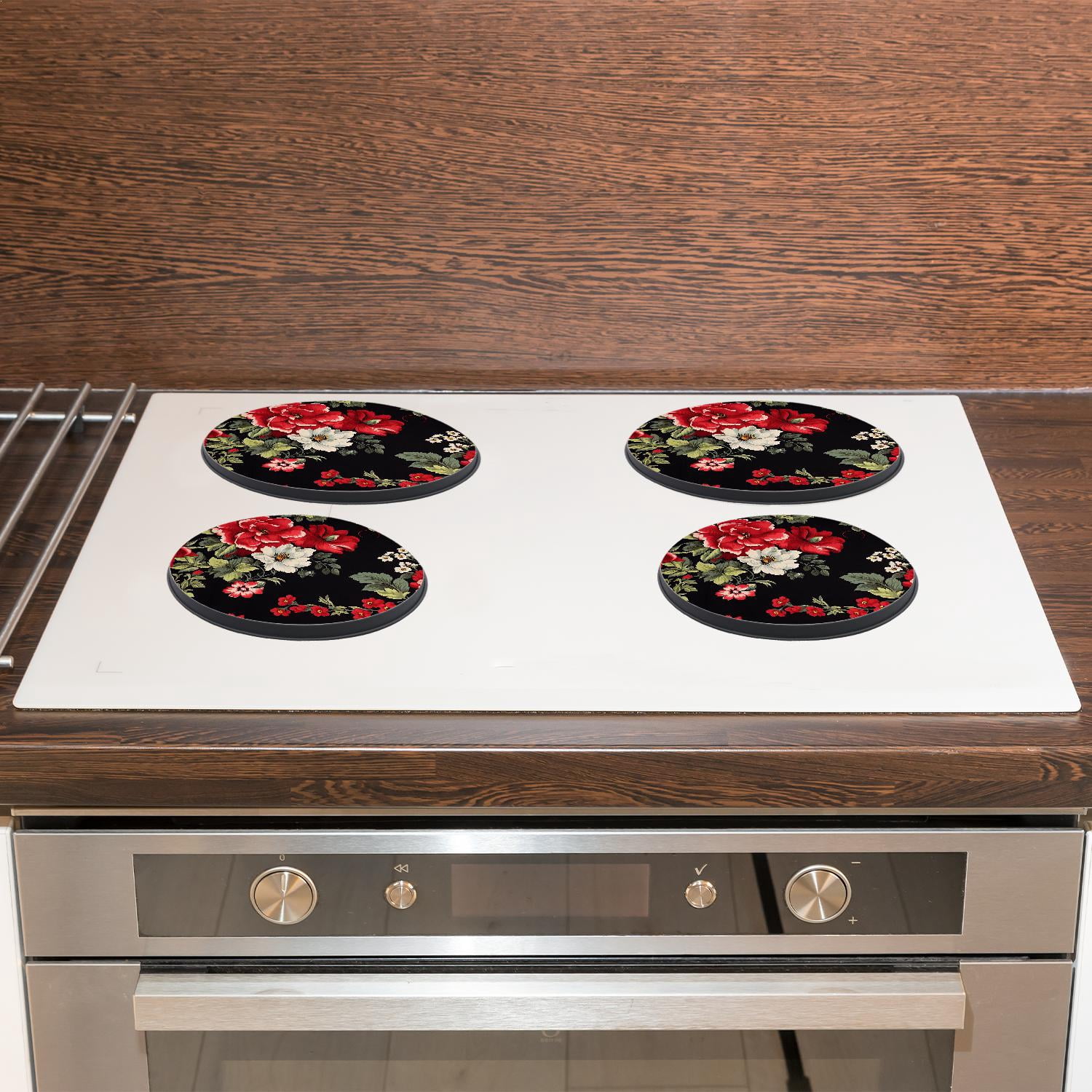 Metal Stove Burner Covers 4 Pcs Decorative Gas Stove Burner Cover 8Inch And 10Inch ,Red Hibiscus Flowers Green Leaves on Black Style, for Home Decor Cooktop Decorative