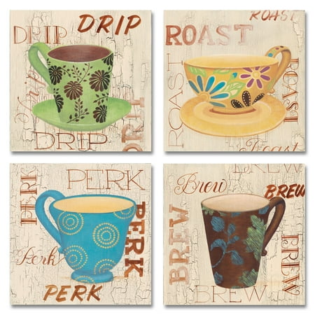 Morning Framed Poster - Morning Coffee I Lovely, Retro Coffee Cups, Perk, Drip, Roast, Brew; Kitchen Decor; Four 12x12 Poster Prints