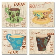 Morning Coffee I Lovely, Retro Coffee Cups, Perk, Drip, Roast, Brew; Kitchen Decor; Four 12x12 Poster Prints