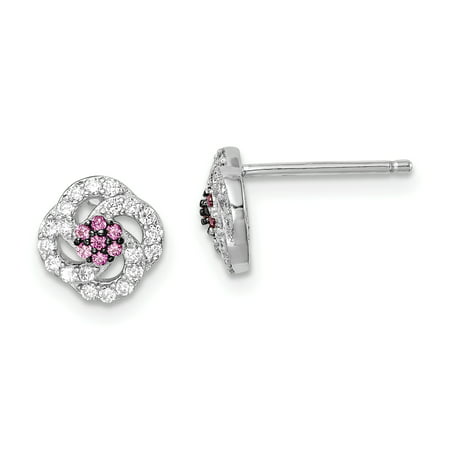 Sterling Silver Black Rhodium-plated Imitation Pink Ruby White Cubic Zirconia Stud