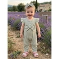 thumbnail image 6 of BemeyourBBs Newborn Baby Girl Spring Summer Fall Clothes Infant Baby Girl Waffled Romper One Piece Outfit Ruffled Flying Short Sleeve Front Bow Stripes Jumpsuit with Headband, 6 of 9