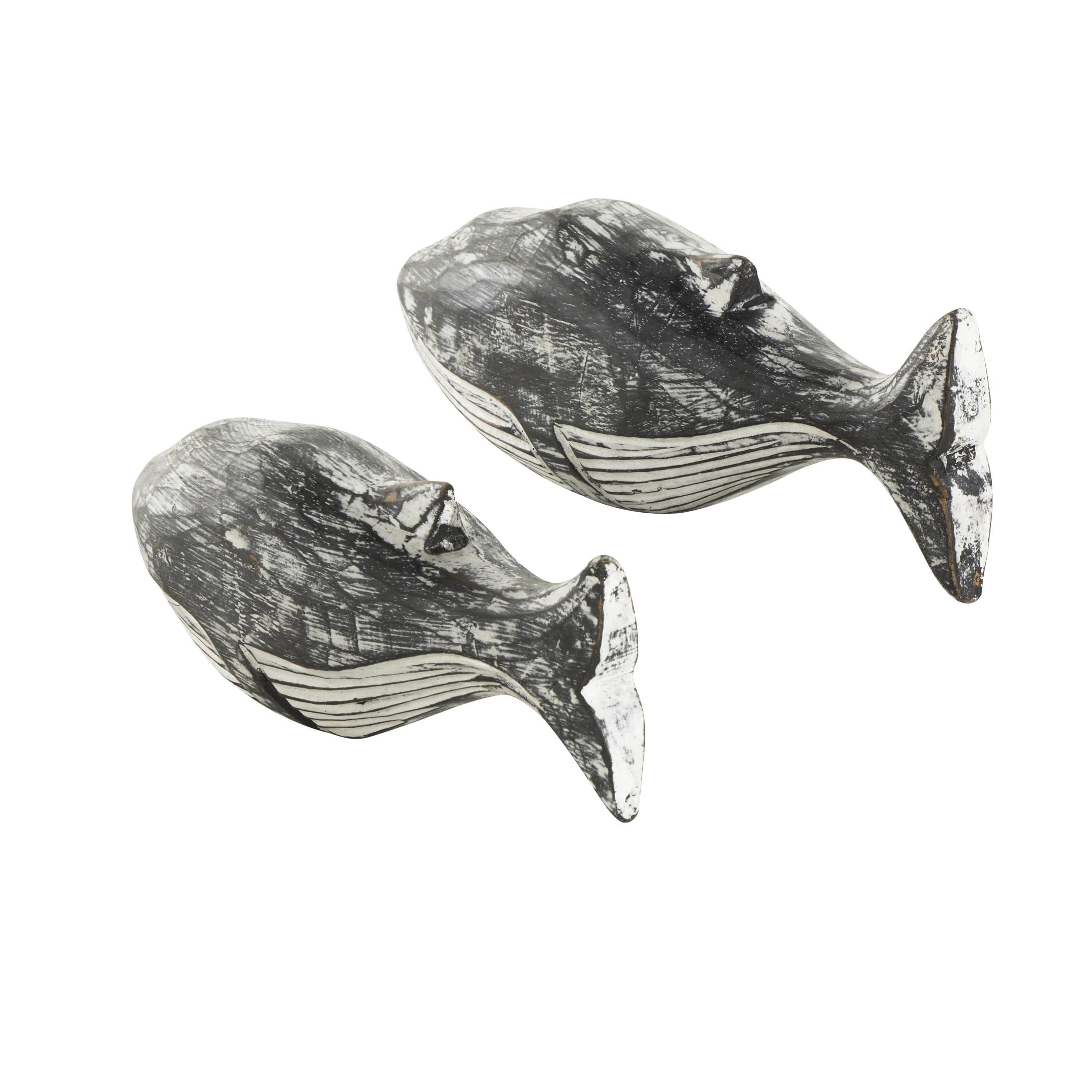 13", 11"W White Wood Distressed Whale Sculpture, by DecMode (2 Count)