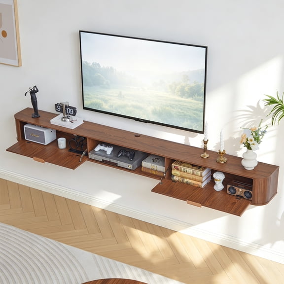 Modern Floating TV Stand for 80-95 Inch TVs, Long Wall Mounted Media Console with Arched Doors, 2-Tier Hidden Storage Shelves, Walnut Wood Grain Entertainment Center for Living Room, Bedroom