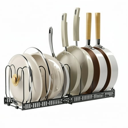 Behome Pots and Pans Organizer Under Cabinet, Expandable Pot Lid Organizer Holder with 10 Adjustable Dividers, Kitchen Pot Pan Lid Rack Storage Holder Organizers, Black