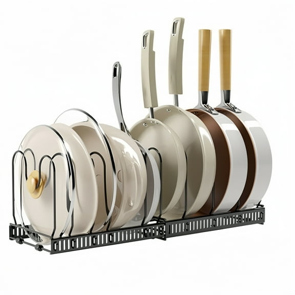 Behome Pots and Pans Organizer Under Cabinet, Expandable Pot Lid Organizer Holder with 10 Adjustable Dividers, Kitchen Pot Pan Lid Rack Storage Holder Organizers, Black