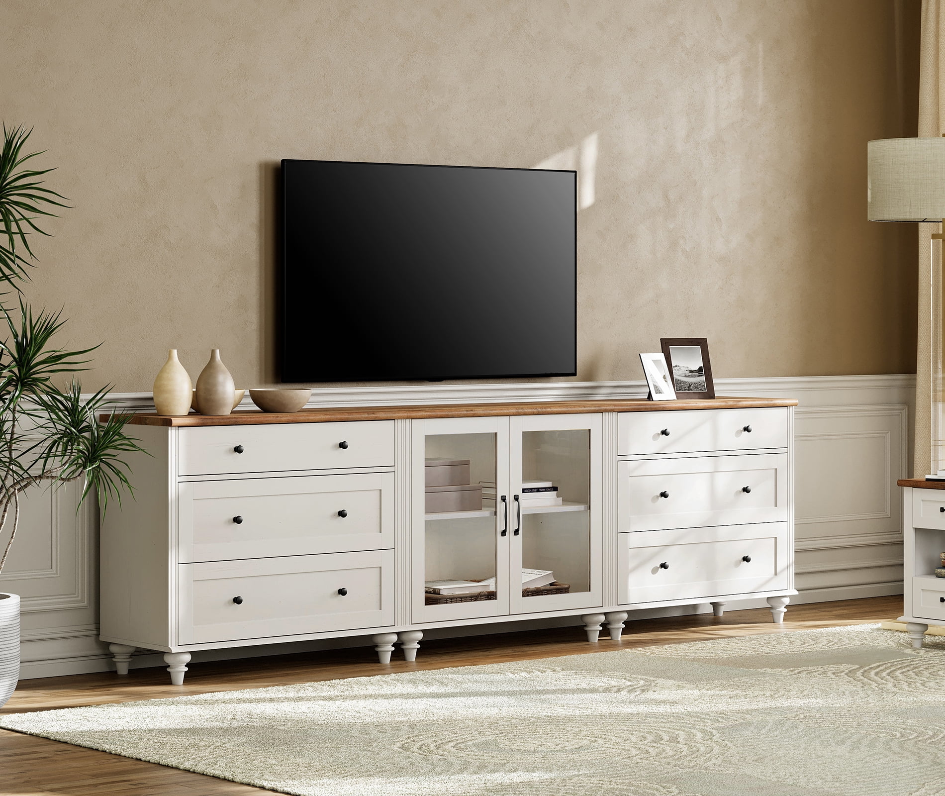 Farmhouse TV Stand, 3-in-1 TV Console Table for 75/80/85/90-Inch TVs, Entertainment Center with Drawer & Glass Door, White