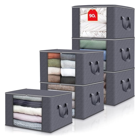 90L Large Clothes Storage Bags with Lids, 6-Pack Foldable Fabric Storage Bins for Closet Organization, with Reinforced Handles & Clear Window (Gray)