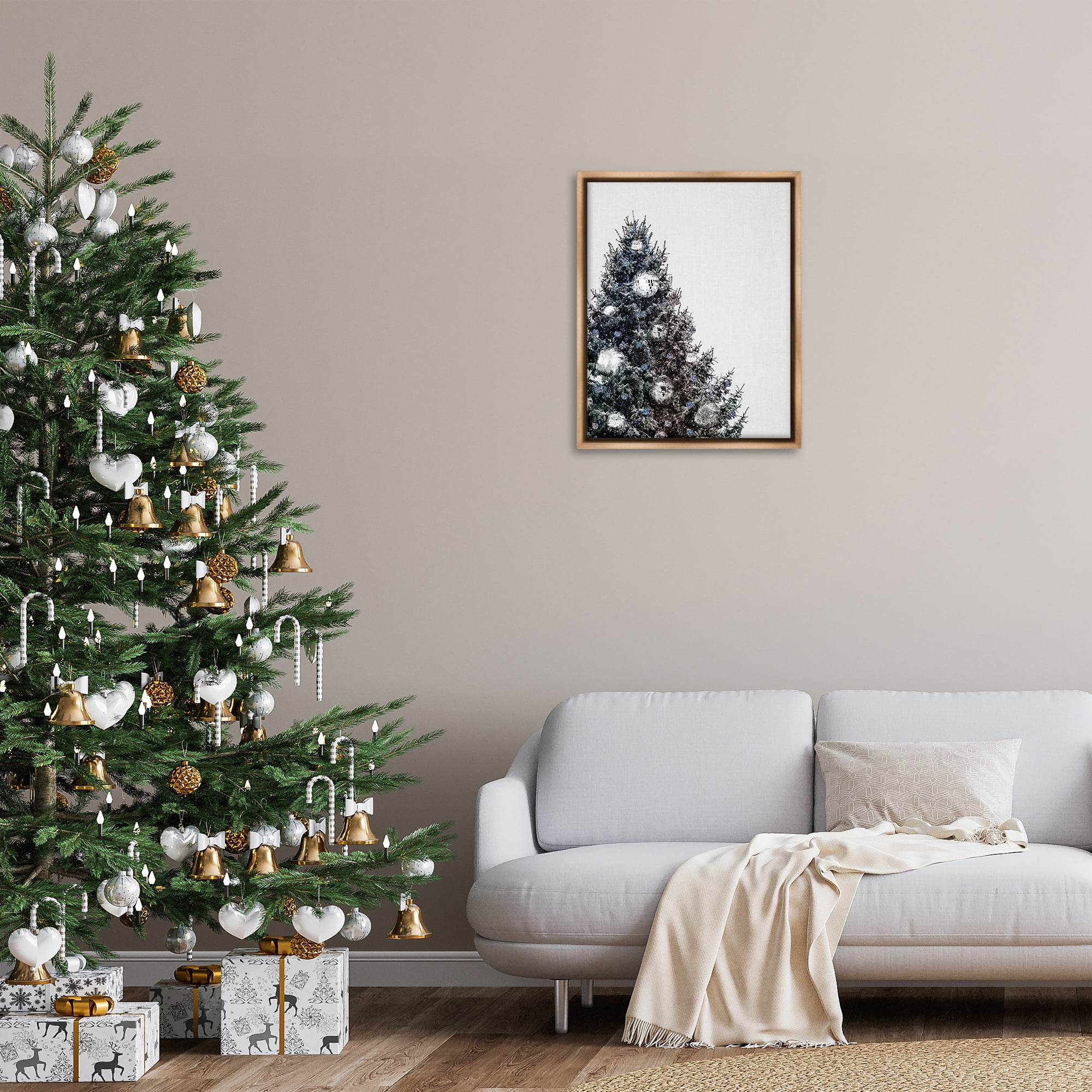 Stupell Industries Disco Ornaments on Tree Holiday Painting Brown Floater Framed Art Print Wall Art, 25 x 31