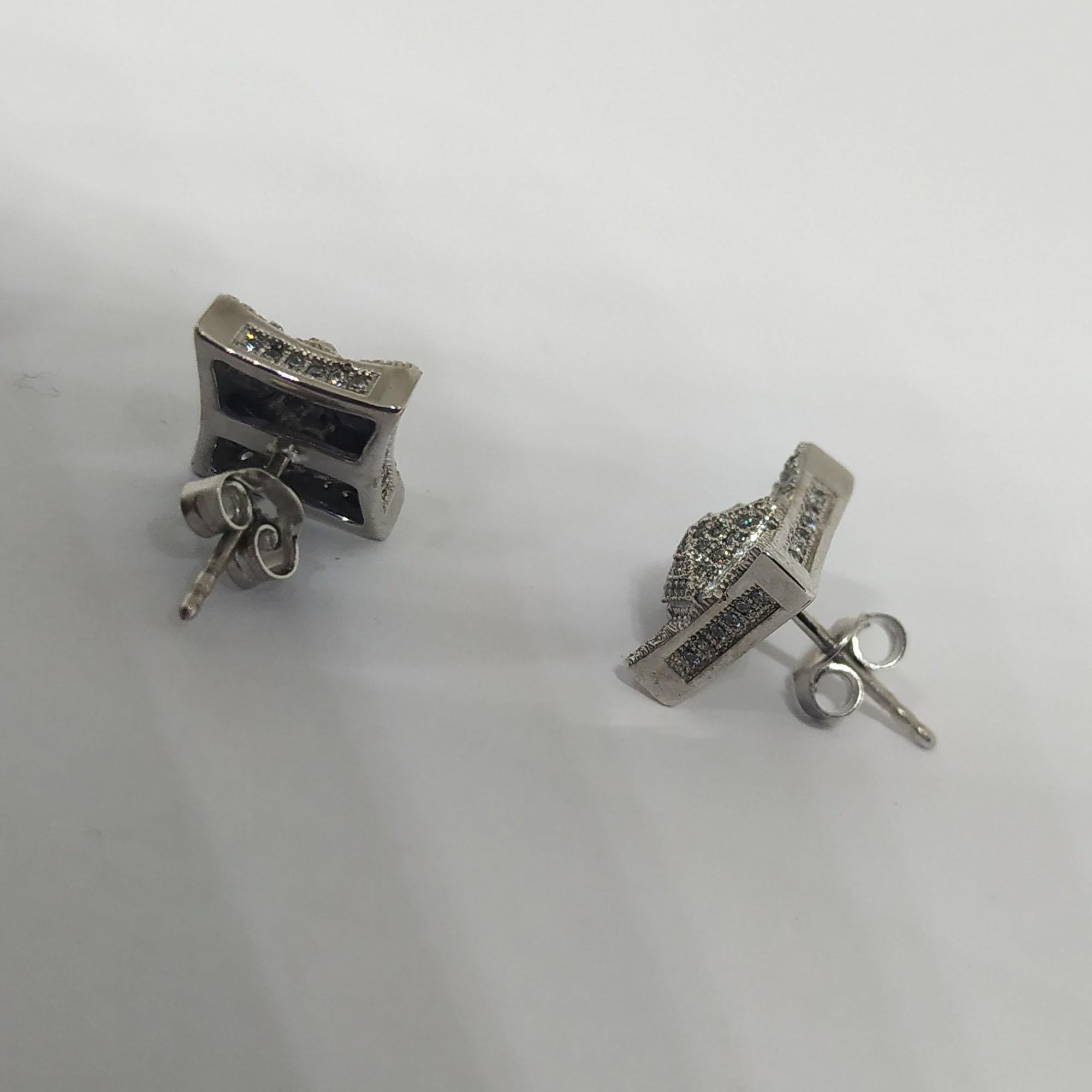 14K White Gold Plated Brass 1Ct Round Cut Clear CZ Men's Square Stud Earrings, Micro Pave CZ Stud Earrings Kite Shape Square Stud Earrings