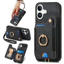 Dteck for iPhone 16 Case Wallet with Card Holder,Ring Stand,RFID-Blocking PU Leather Protective Magnetic Flip Cover with Wrist Strap for iPhone 16 6.1",Black