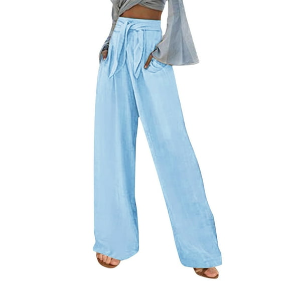 Summer Pants Saving! Funicet Casual Pants for Women Cotton Linen Slacks Lightweight Loose Wide Leg Pants Trousers Straight Suit Pants Light Blue S