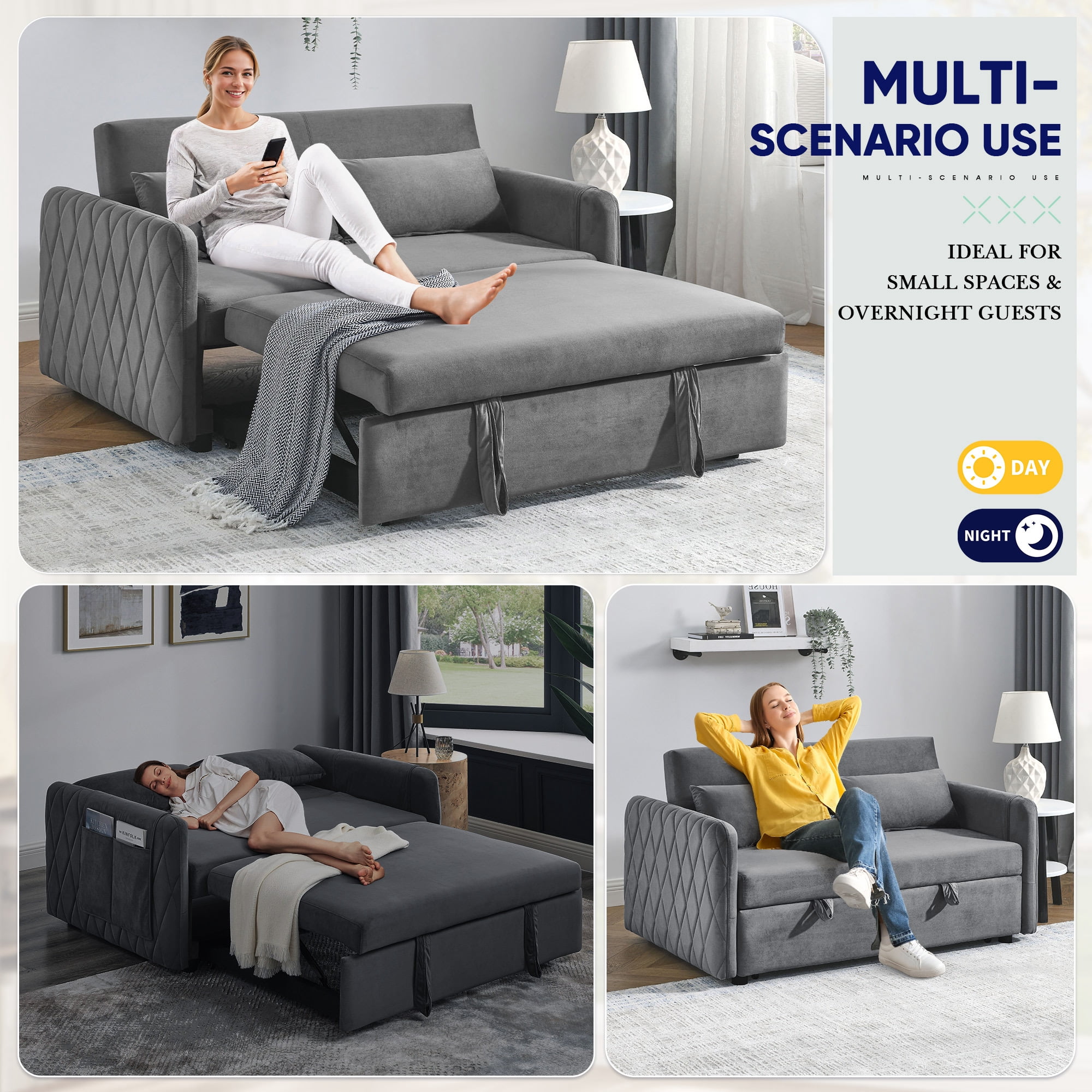 Lunale Convertible Futon Sofa Bed for Living Room, Modern Upholstered Loveseat Sleeper in Gray