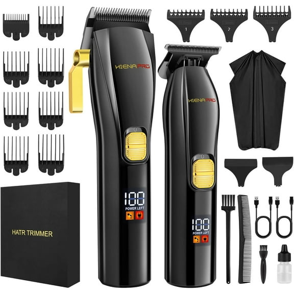 HIENA PRO Professional Hair Clippers and T-Blade Trimmer Kit for Men Cordless Complete Barber Kit Hair Cutting Kit with LCD Display & USB Rechargeable (Black)