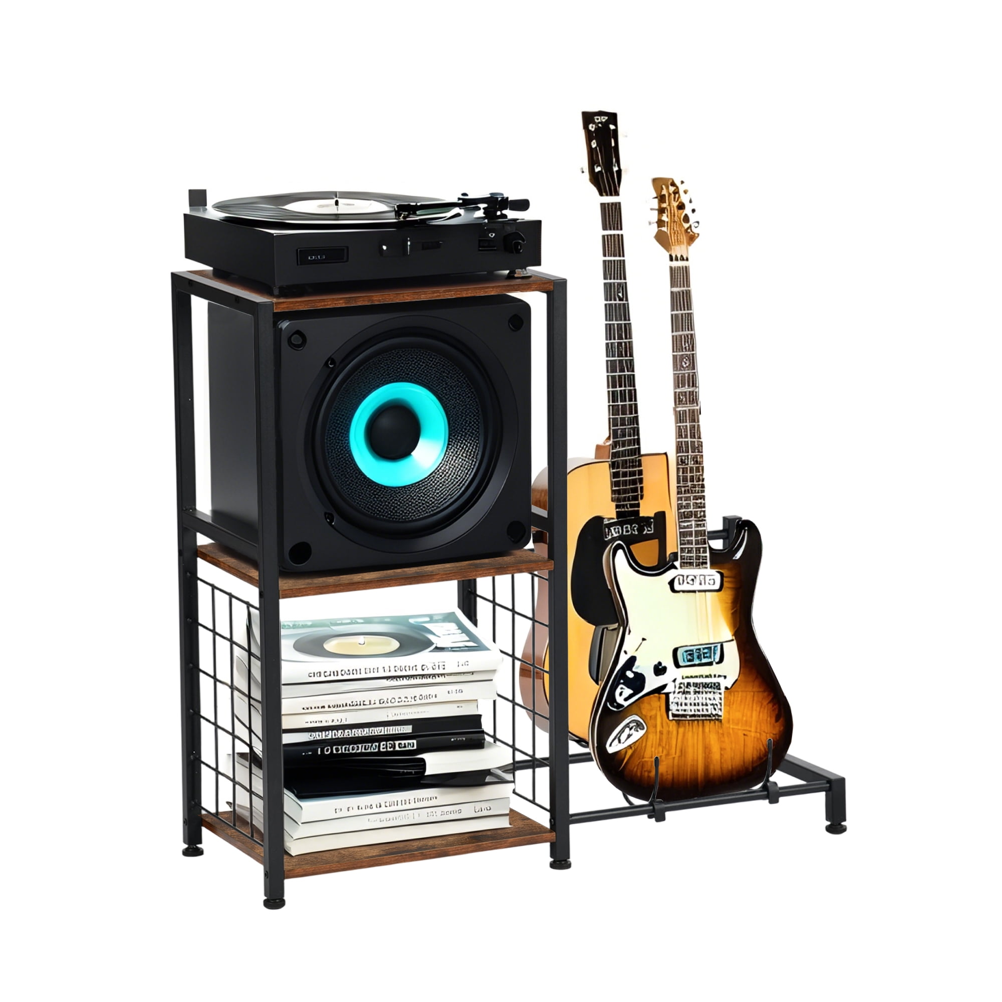 Auto Beyond Side Table with Guitar Rack, Turntable Stand, Vinyl Record Storage, Two-Tier Acoustic Guitar Rack, Music Studio Turntable Stand - Brown