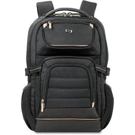 USLPRO7424  US Luggage Pro Backpack  1  Black Gold Get complete protection for your laptop when you travel with this backpack. The interior padded compartment secures and protects laptops up to 17.3  in size. A dedicated interior pocket is designed to store your iPad  tablet or eReader. The quick-access pocket is perfect for storing your chargers  keys  earphones and more. Front zippered pocket and front zip-down organizer section offer additional storage for your personal items. Rear Ride Along feature gives you a perfect way to store extra items for consolidated travel. Laptop backpack has even more storage features including a file pocket and side mesh pockets. Carry this backpack in comfort using either the padded carry handle or padded backpack straps that add extra support. Solo Pro Carrying Case (Backpack) for 17.3  Notebook - Black  Gold