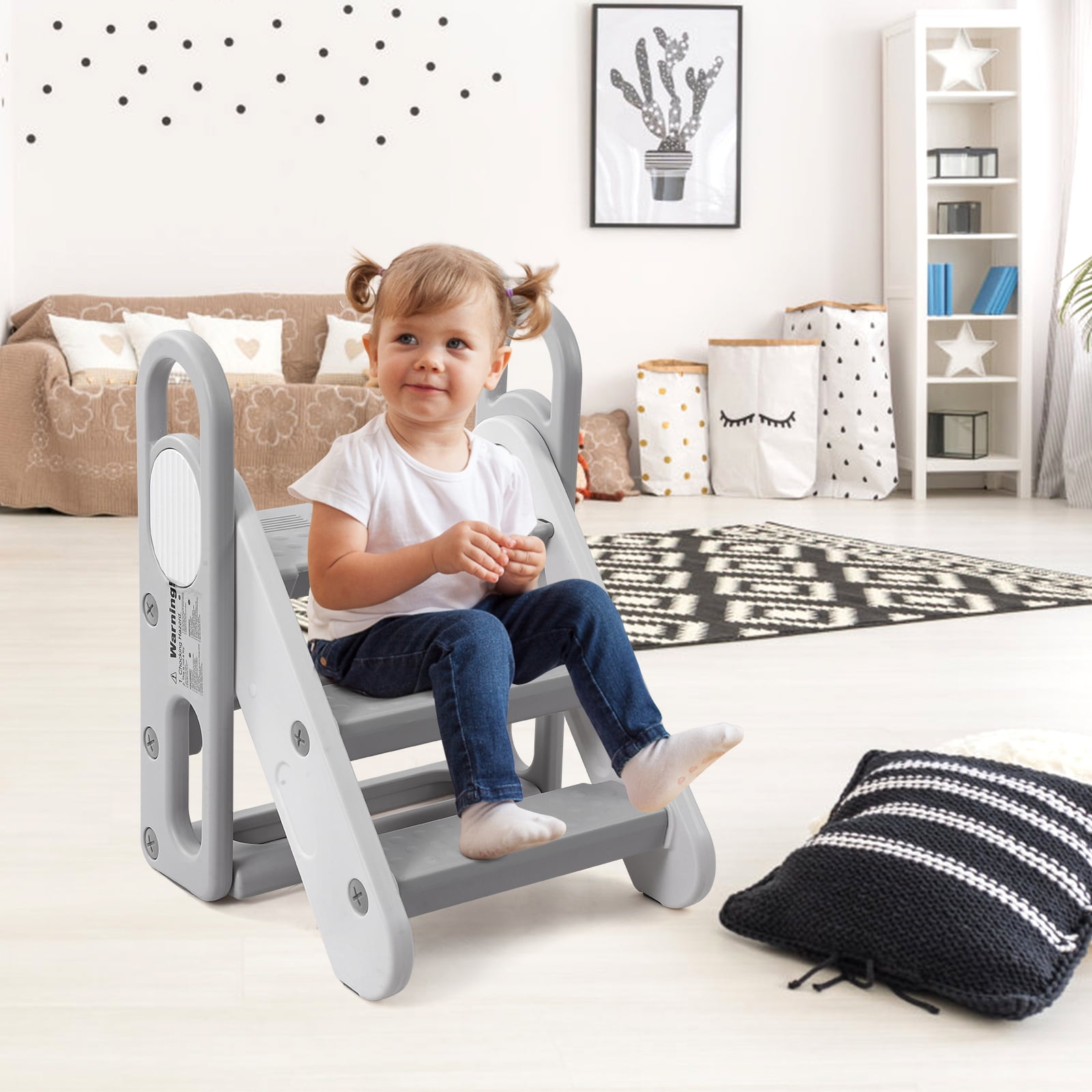 Collapsible Kids Step Stool – Adjustable 3-Step Design with Handles, Non-Slip Cooking Assistant Tower – For Bathroom, Toilet Potty Training, Nursery – Grey USA HDPE, Convertible, Model LZW2023-601