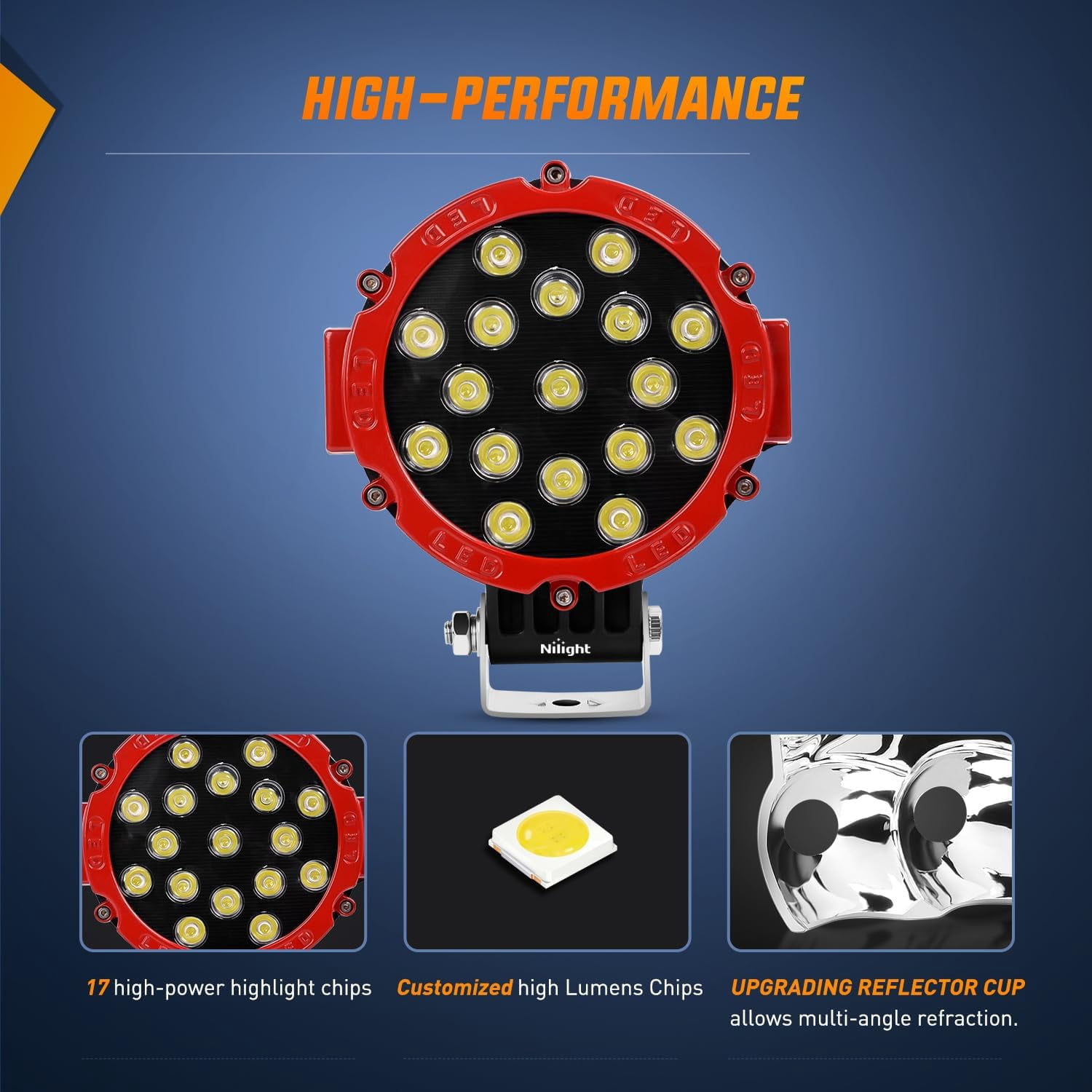 Nilight Led Light Bar 2PCS 7" 51W 5100LM Red Round Spot LED Light Pod Off Road Fog Driving Roof Bar Bumper for Jeep Truck ATV UTV SUV