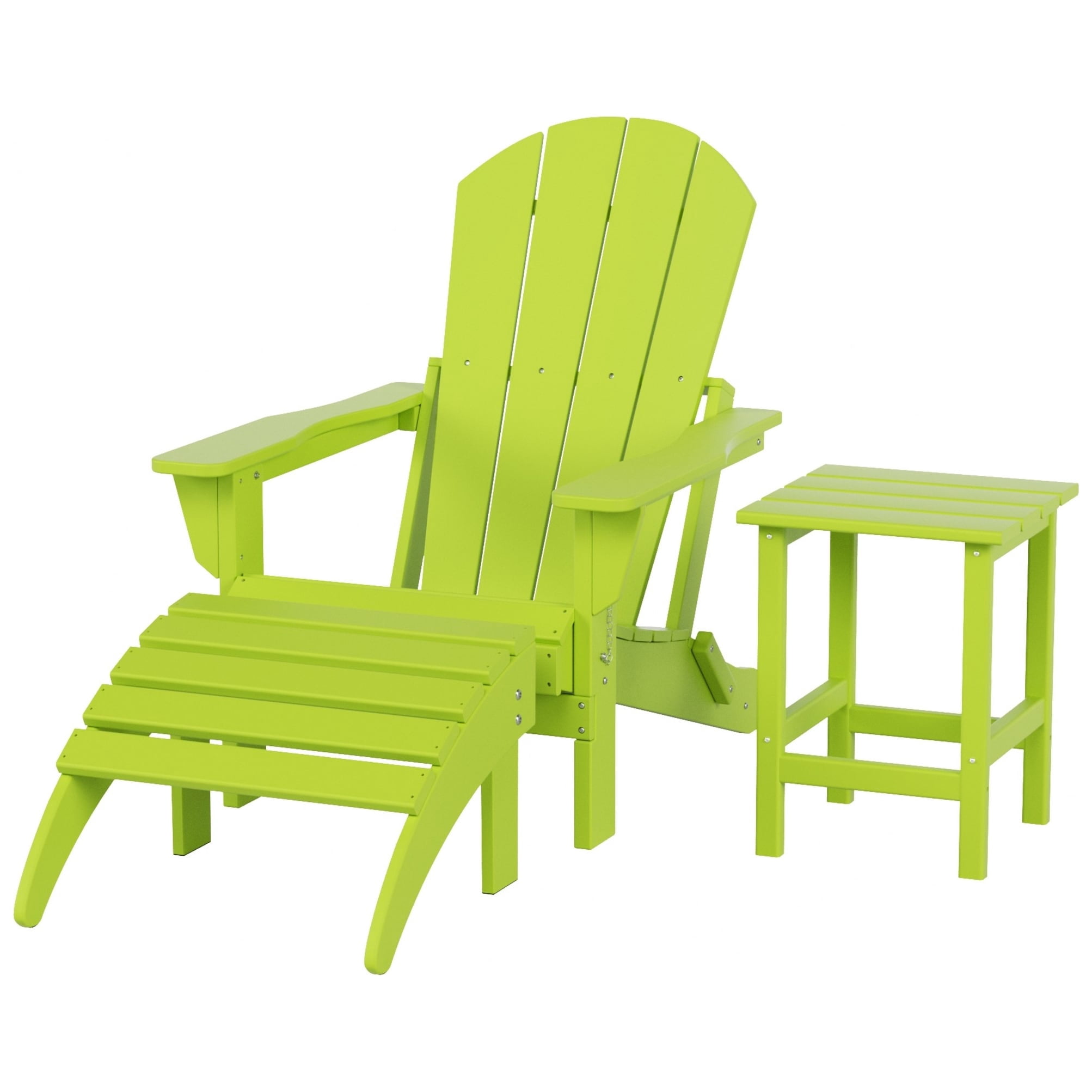 Polytrends  Laguna All Weather Poly Outdoor Patio Adirondack Chair Set - with Ottoman and Side Table (3-Piece) Lime