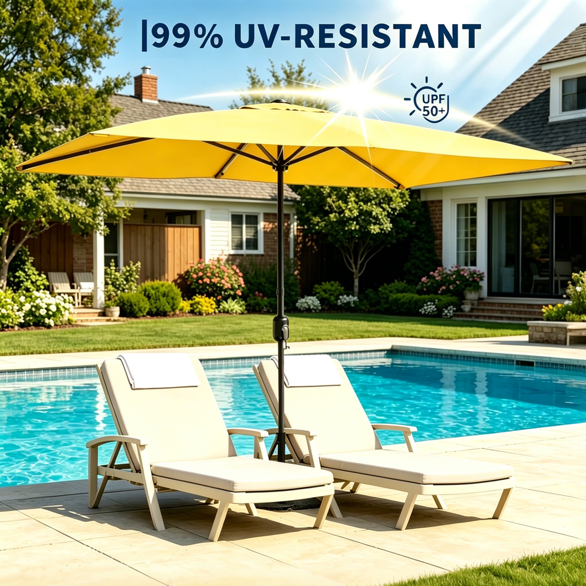 Kool 10x6.5ft Rectangular Patio Umbrella with Crank Handle, Outdoor Market Umbrella with 6 Sturdy Umbrella Ribs, Waterproof, Yellow