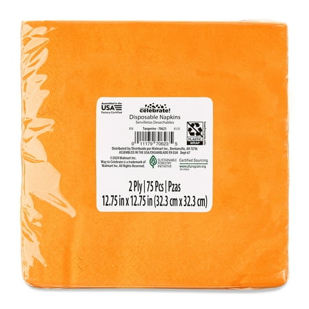 6.5" x 6.5" Disposable Tangerine Paper Napkins, 75 Count, by Way To Celebrate