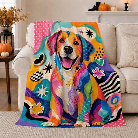 Smiling Dog with Color Blocks Stars and Flowers Playful Pop Art Pet Motif for Dog Lovers Pet Adoption Gift Cozy Flannel Blanket for Family Room and Bedroom Fun Home Decor